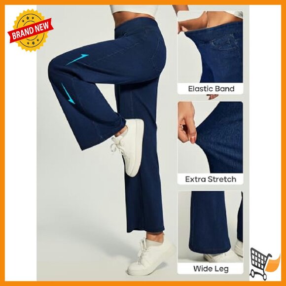 High Waist Wide Leg Pull On Jeans Stretchy Denim Pants Straight Leg - Picture 4 of 7